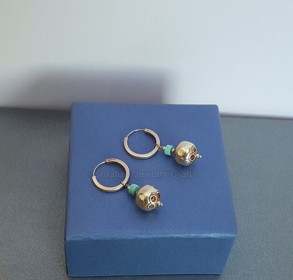 Turquoise Earrings, Sterling Silver Hoop Earrings, Natural Gemstone Dangle Hoops, Ball Hoops, Silver Ball Earrings