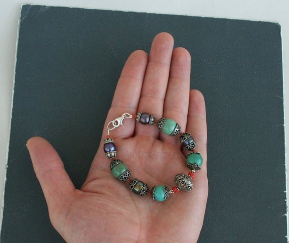 Natural Turquoise Bracelet, Black Freshwater Pearl Bracelet, Untreated Mediterranean Red Coral Bracelet, Beaded Gemstone Bracelet Sterling