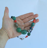 Chunky Turquoise Necklace, Salmon Red Coral Necklace, Large Bead Gemstone Necklace, Old Untreated Mediterranean Coral, Blue Lapis Necklace