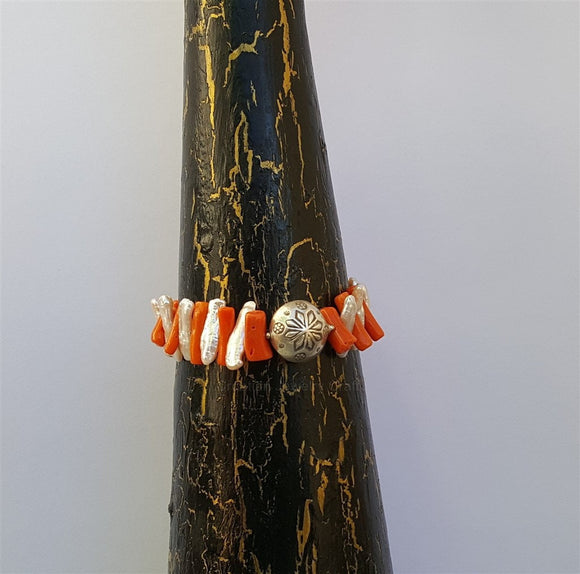 Mediterranean Coral Bracelet, White Pearl Bracelet, Orange Coral Bracelet, W Floral Decorations, Sterling Silver Bracelet, Natural Coral