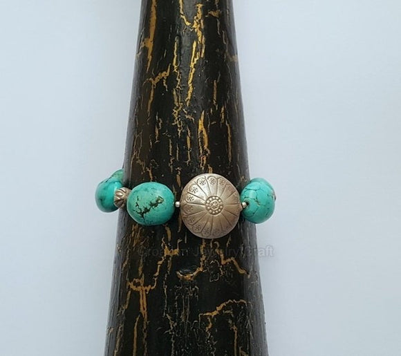 Chunky Turquoise Bracelet, Sterling Silver Bracelet w Handmade Flower Element, Gemstone Bracelet, Natural Turquoise Statement Bracelet