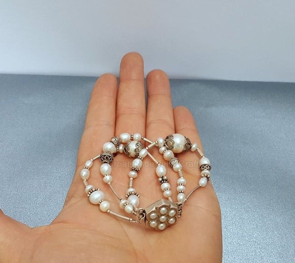Multi Strand Unique White Pearl Bracelet, Bridal Bracelet, Sterling Silver Freshwater Pearl Statement bracelet Decorative Pearl Inlaid Claps