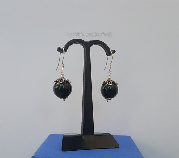 Round Ball Drop Earrings, Black Onyx Earrings, Black Bead Drop Dangle Earrings, Filigree Earrings For Women, Black Earrings