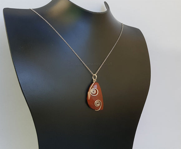 Sterling Silver Red Jasper Pendant, Spiral, Swirl Decorations, Jasper Chain Necklace