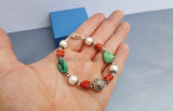 Unique Beaded Stone Variety Bracelet, ( Mediterranean Coral, Turquoise, Freshwater Pearl ), Natural Gemstone Floral Ball Bracelet, Sterling