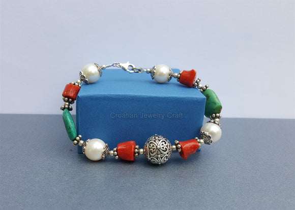 Unique Beaded Stone Variety Bracelet, ( Mediterranean Coral, Turquoise, Freshwater Pearl ), Natural Gemstone Floral Ball Bracelet, Sterling