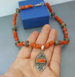 Chunky Coral Statement Necklace, Untreated Old Mediterranean Coral Pendant Necklace, Salmon Red Coral necklace Sterling Silver Ball Necklace