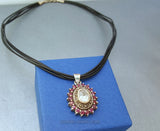 Flower Shaped Ruby Pendant Becklace w White Topaz & Marcasite, Sterling Silver Genuine Gemstone Pendant, Red Stone Pendant, Natural Ruby