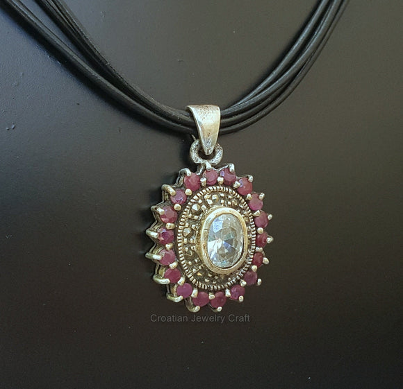 Flower Shaped Ruby Pendant Becklace w White Topaz & Marcasite, Sterling Silver Genuine Gemstone Pendant, Red Stone Pendant, Natural Ruby