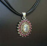 Flower Shaped Ruby Pendant Becklace w White Topaz & Marcasite, Sterling Silver Genuine Gemstone Pendant, Red Stone Pendant, Natural Ruby