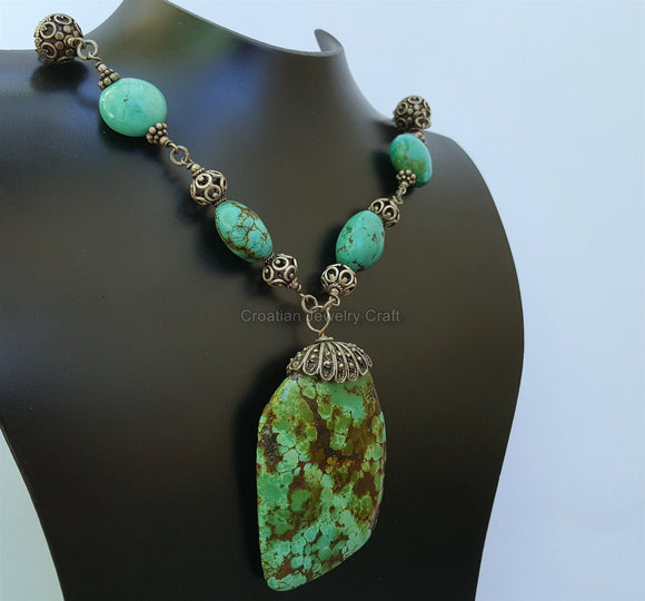 Unique Natural Turquoise Necklace, Dubrovnik Filigree Ball Necklace, Solid Sterling Silver Necklace, Beaded Gemstone Pendant Necklace