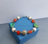 Unique Beaded Stone Variety Bracelet, ( Mediterranean Coral, Turquoise, Freshwater Pearl ), Natural Gemstone Floral Ball Bracelet, Sterling