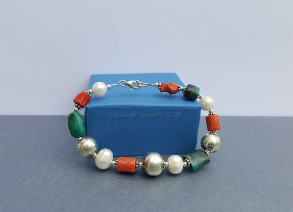 Colorful Multi Gemstone Bracelet ( Turquoise & Lapis Lazuli ), Red Coral Bracelet, White Pearl Bracelet, Precious Mediterranean Coral