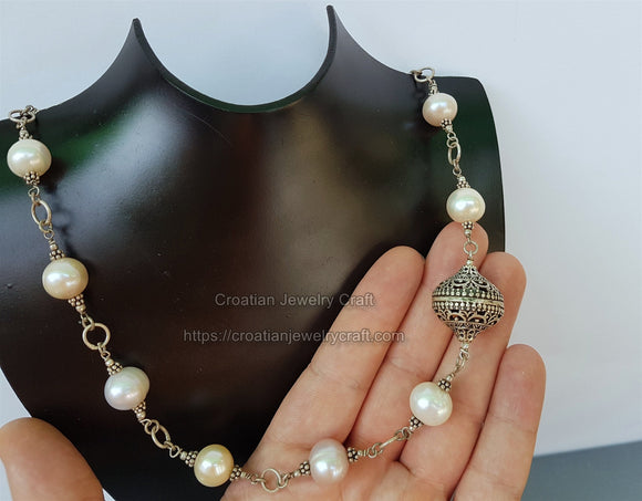 Beaded Multi Color Pearl Necklace, Freshwater Pearl Necklace, Unique Pearl Wedding Jewelry, Sterling Silver Necklace, Silver Ball Necklace