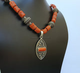 Chunky Coral Statement Necklace, Untreated Old Mediterranean Coral Pendant Necklace, Salmon Red Coral necklace Sterling Silver Ball Necklace