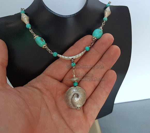 Unique Natural Turquoise Necklace, Wire Based Sterling Silver Metalwork Necklace, Turquoise Pendant Necklace, One of a kind, Vintage
