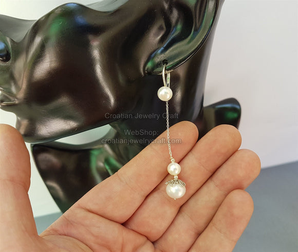 Long White Pearl Dainty Chain Earrings, Natural Pearl Dangle Earrings, Freshwater Pearl, Wedding Jewelry, Drop Pearl Earrings