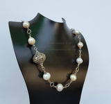 Beaded Multi Color Pearl Necklace, Freshwater Pearl Necklace, Unique Pearl Wedding Jewelry, Sterling Silver Necklace, Silver Ball Necklace