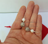 White Pearl Earrings, Simple Pearl Dangle Earrings, Filigree Earrings, Silver Ball Earrings, Sterling Pearl Earrings, Bridesmaids Jewelry