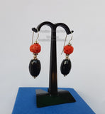 Faceted Black Onyx Earrings, Orange Coral Drop Earrings, Black Stone Earrings, Rustic Earrings, Untreated Mediterranean Coral & Sterling Slv