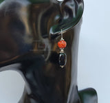 Faceted Black Onyx Earrings, Orange Coral Drop Earrings, Black Stone Earrings, Rustic Earrings, Untreated Mediterranean Coral & Sterling Slv