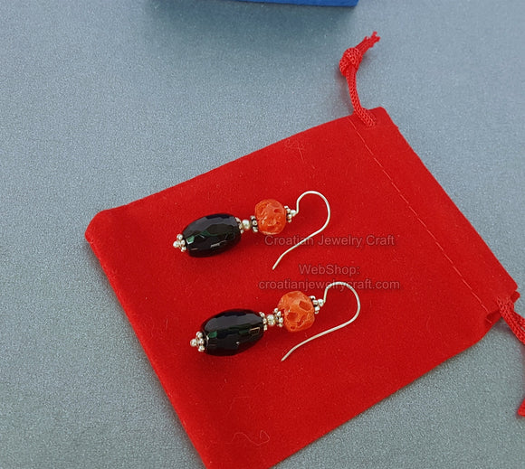 Faceted Black Onyx Earrings, Orange Coral Drop Earrings, Black Stone Earrings, Rustic Earrings, Untreated Mediterranean Coral & Sterling Slv