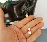 Long White Pearl Dainty Chain Earrings, Natural Pearl Dangle Earrings, Freshwater Pearl, Wedding Jewelry, Drop Pearl Earrings