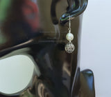 White Pearl Earrings, Simple Pearl Dangle Earrings, Filigree Earrings, Silver Ball Earrings, Sterling Pearl Earrings, Bridesmaids Jewelry