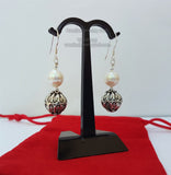 White Pearl Earrings, Simple Pearl Dangle Earrings, Filigree Earrings, Silver Ball Earrings, Sterling Pearl Earrings, Bridesmaids Jewelry