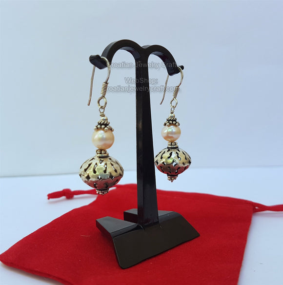 Peach Pearl Earrings, Simple Pearl Dangle Earrings, Filigree Earrings, Silver Ball Earrings, Sterling Pearl Earrings, Bridesmaids Jewelry