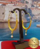 Croatian Filigree Hoop Earrings, Gold Plated Hoop Earrings, Pearl Dangle Hoops, Wedding Earrings, 24k Gold Plated Sterling Silver Earrings
