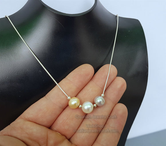 Simple Pearl Chain Necklace, Natural Cultured Freshwater Pearl Slide Pendant Necklace, Bridesmaid, Wedding Pearl Jewelry