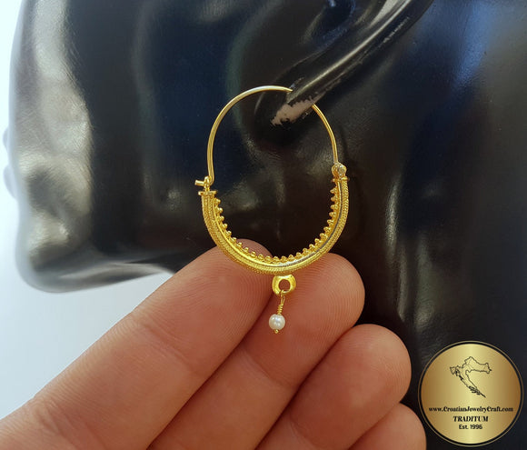 Croatian Filigree Hoop Earrings, Gold Plated Hoop Earrings, Pearl Dangle Hoops, Wedding Earrings, 24k Gold Plated Sterling Silver Earrings