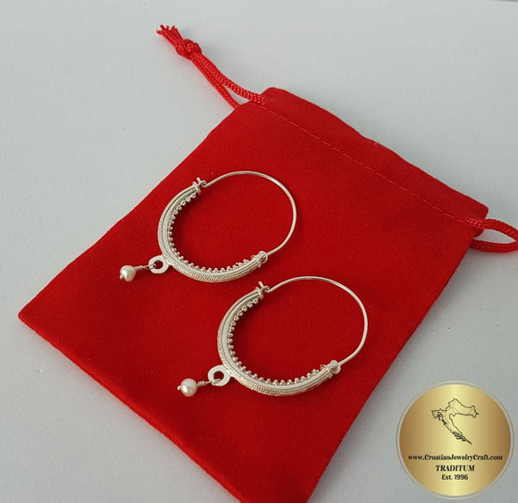 Croatian Hoop Earrings, Sterling Silver Filigree Hoops, White Pearl Dangle Hoops, Konavle Earrings, Dubrovnik Jewelry, Wedding Jewelry