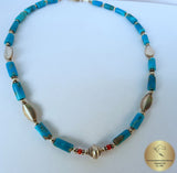 Blue Turquoise Necklace, Turquoise and Red Coral Necklace, Natural Gemstone Necklace, Sterling Silver Necklace, Unique Natural Turquoise