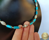 Blue Turquoise Necklace, Turquoise and Red Coral Necklace, Natural Gemstone Necklace, Sterling Silver Necklace, Unique Natural Turquoise