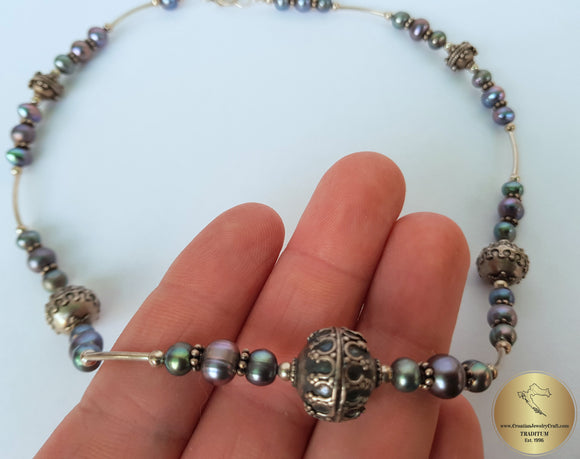 Beaded Black Pearl Necklace, Black Freshwater Pearl Necklace, Unique Pearl Wedding Jewelry, Sterling Silver Necklace, Silver Ball Necklace