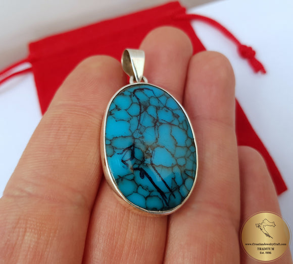 Oval Shaped Blue Turquoise Pendant, Sterling Silver Simple Blue Stone Pendant, Handmade Jewelry
