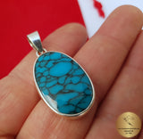 Oval Shaped Blue Turquoise Pendant, Sterling Silver Simple Blue Stone Pendant, Handmade Jewelry