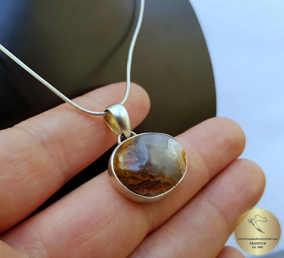 Oval Shaped Crazy Lace Agate Pendant, Sterling Silver Natural Gemstone Pendant, Handmade Jewelry