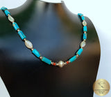 Blue Turquoise Necklace, Turquoise and Red Coral Necklace, Natural Gemstone Necklace, Sterling Silver Necklace, Unique Natural Turquoise