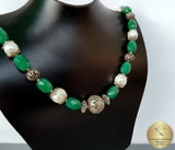 Beaded White Pearl Necklace, Green Aventurine Gemstone Necklace, Dubrovnik Filigree Ball Necklace, Croatian Traditional Jewelry, Sterling