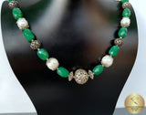 Beaded White Pearl Necklace, Green Aventurine Gemstone Necklace, Dubrovnik Filigree Ball Necklace, Croatian Traditional Jewelry, Sterling