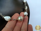 Beaded White Pearl Necklace, White Freshwater Pearl Necklace, Unique Pearl Wedding Jewelry, Sterling Silver Necklace, Silver Ball Necklace