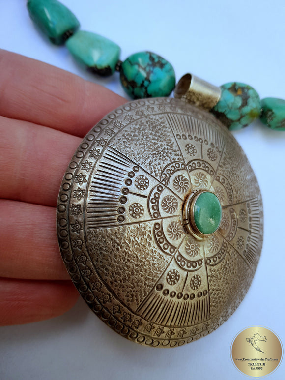 Bold Mediterranean Coral Necklace w Vintage Unique Handmade Pendant and Turquoise Gemstone Necklace, Sterling Silver Pendant Necklace, Boho