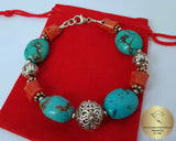 Unique Statement Bracelet, Turquoise and Coral Bracelet, Precious Untreated Mediterraenan Coral, Floral Ball Bracelet, Wedding Jewelry