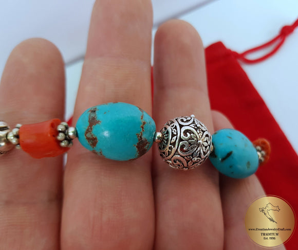 Unique Statement Bracelet, Turquoise and Coral Bracelet, Precious Untreated Mediterraenan Coral, Floral Ball Bracelet, Wedding Jewelry