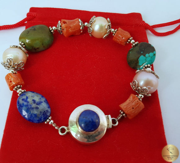 Mediterranean Red Coral Bracelet, Freshwater Pearl Bracelet, Colorful Multi Gemstone Bracelet ( Turquoise & Lapis Lazuli ), Untreated Coral