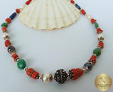 Multi Gemstone Necklace w Freshwater Pearl & Natural Mediterranean Coral, Dubrovnik Filigree Ball, Orange Coral, Turquoise, Lapis Lazuli