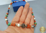 Multi Gemstone Necklace w Freshwater Pearl & Natural Mediterranean Coral, Dubrovnik Filigree Ball, Orange Coral, Turquoise, Lapis Lazuli